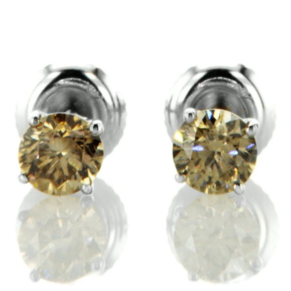 Diamond Solitaire Stud Earring Round Fancy Brown 14k White Gold 0.90 TCW SI1 - Picture 1 of 5